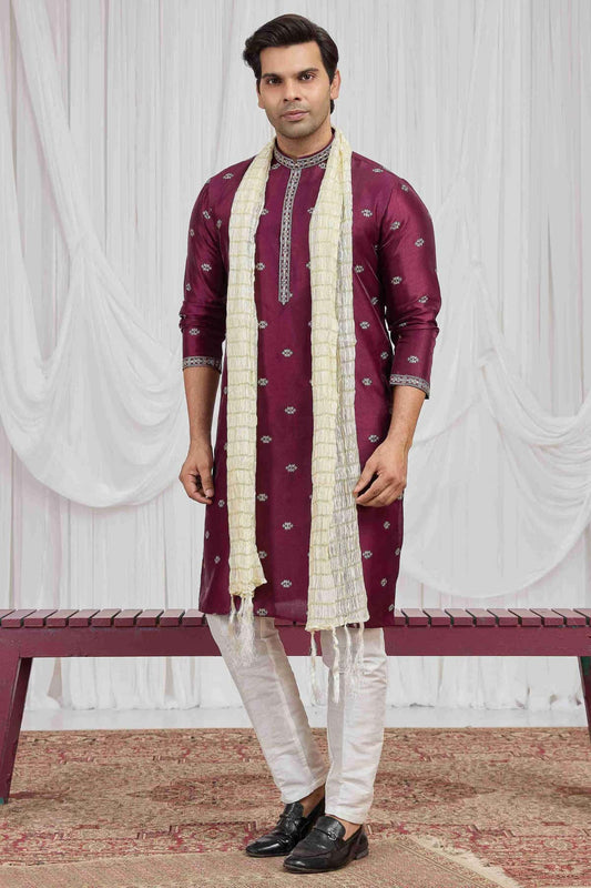 Art Silk Embroidery Work Magenta Colour Kurta Pajama With Stole