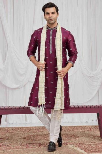 Art Silk Embroidery Work Magenta Colour Kurta Pajama With Stole