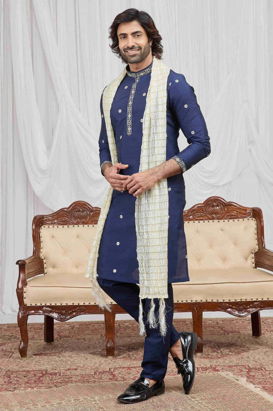 Art Silk Embroidery Work Blue Colour Kurta Pajama With Stole