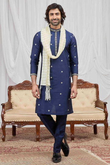 Art Silk Embroidery Work Blue Colour Kurta Pajama With Stole