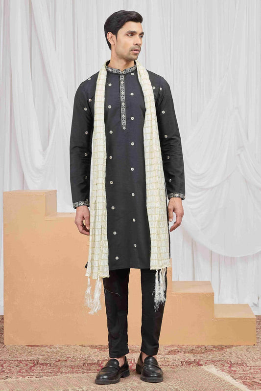 Art Silk Embroidery Work Black Colour Kurta Pajama With Stole