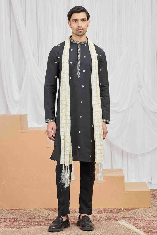 Art Silk Embroidery Work Black Colour Kurta Pajama With Stole