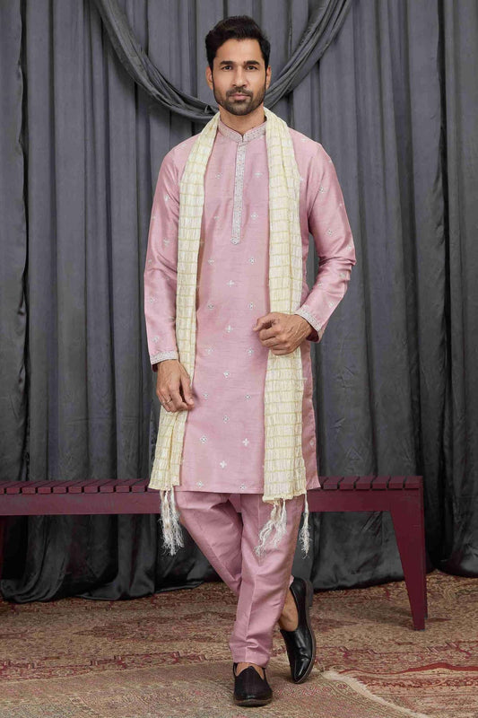 Art Silk Embroidery Work Onion Colour Kurta Pajama With Stole
