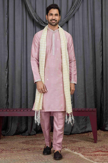 Art Silk Embroidery Work Onion Colour Kurta Pajama With Stole