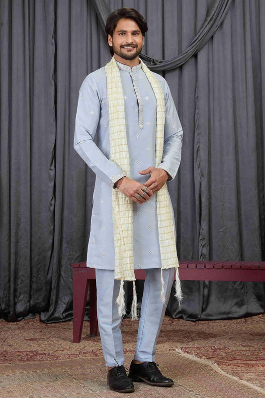 Art Silk Embroidery Work Sky Blue Colour Kurta Pajama With Stole