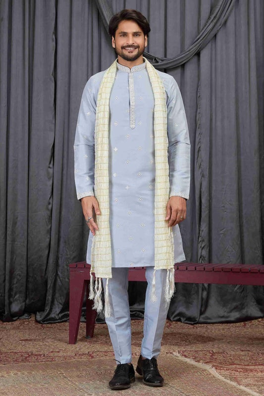 Art Silk Embroidery Work Sky Blue Colour Kurta Pajama With Stole