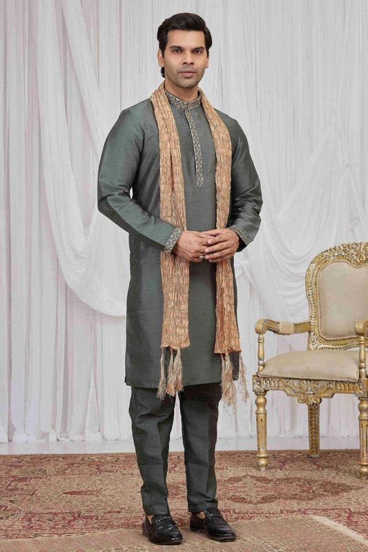 Art Silk Embroidery Work Green Colour Kurta Pajama With Stole