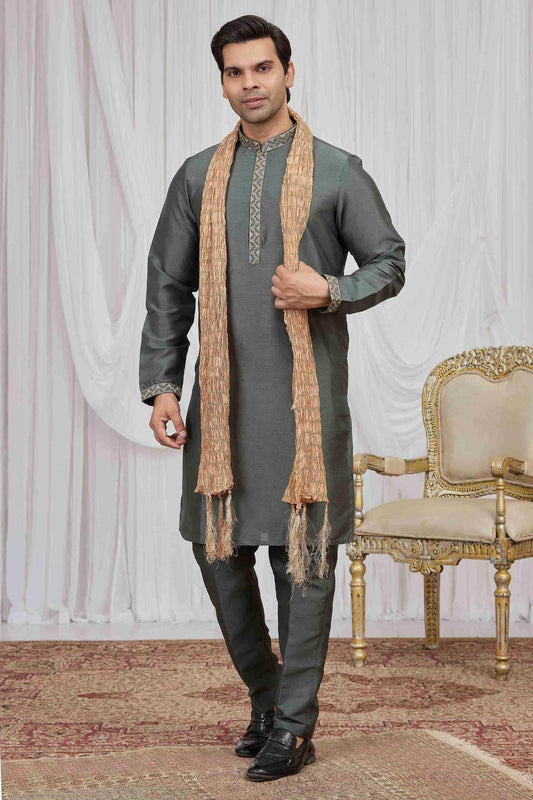Art Silk Embroidery Work Green Colour Kurta Pajama With Stole