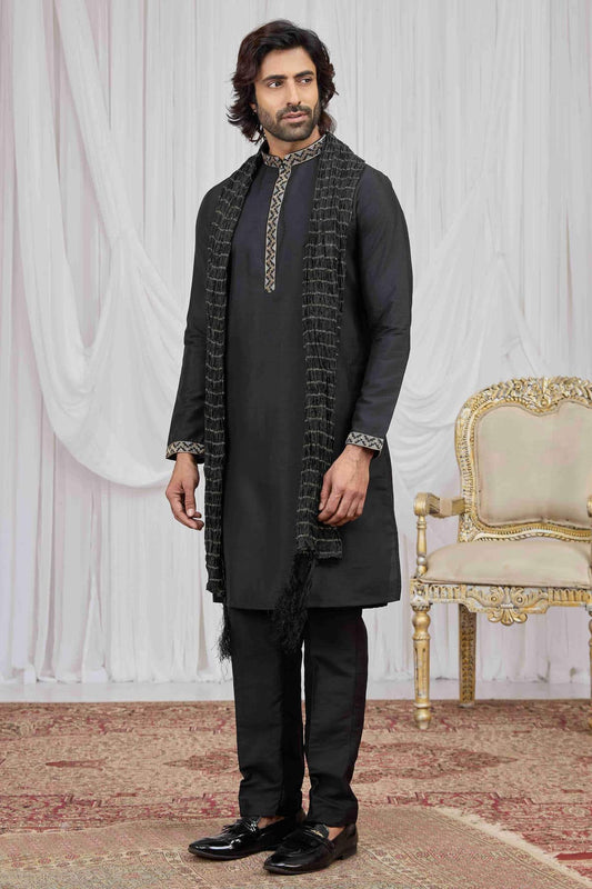 Art Silk Embroidery Work Black Colour Kurta Pajama With Stole