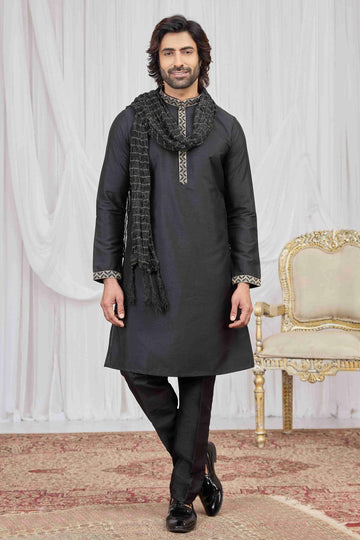 Art Silk Embroidery Work Black Colour Kurta Pajama With Stole