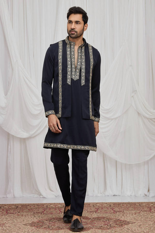 Navy Blue Colour Armani Fabric Hand Work Embroidery Lace Work Waist Coat Kurta Pajama