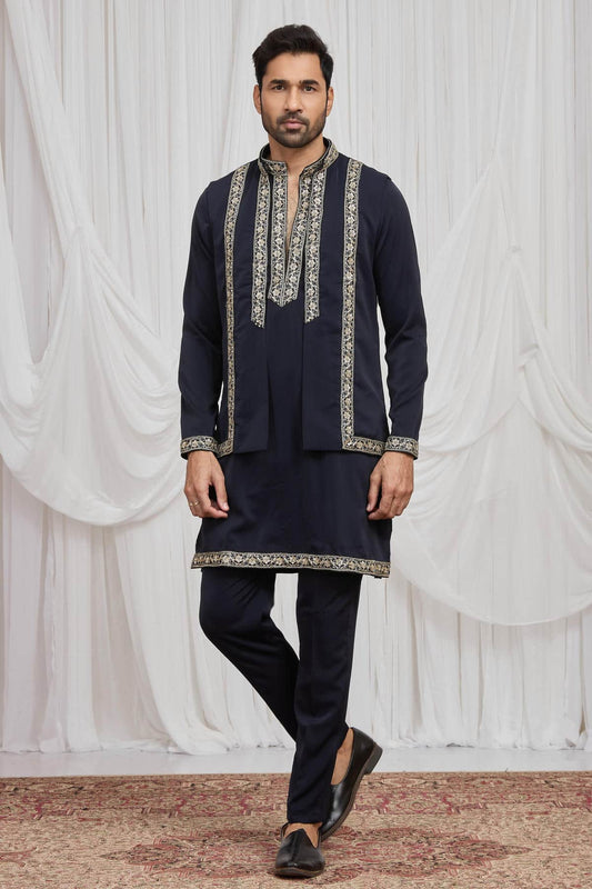 Navy Blue Colour Armani Fabric Hand Work Embroidery Lace Work Waist Coat Kurta Pajama