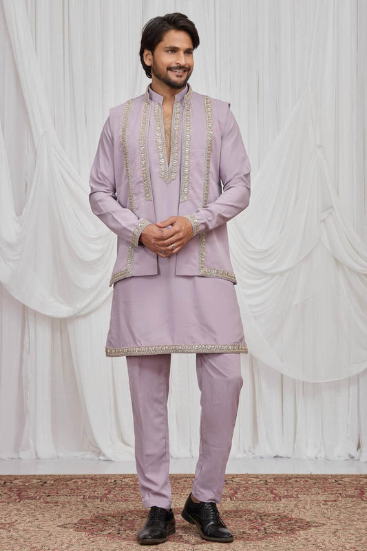 Lilac Colour Armani Fabric Hand Work Embroidery Lace Work Waist Coat Kurta Pajama