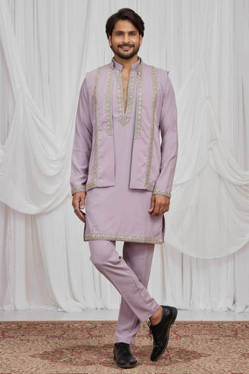 Lilac Colour Armani Fabric Hand Work Embroidery Lace Work Waist Coat Kurta Pajama