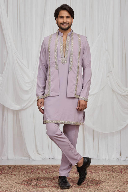 Lilac Colour Armani Fabric Hand Work Embroidery Lace Work Waist Coat Kurta Pajama