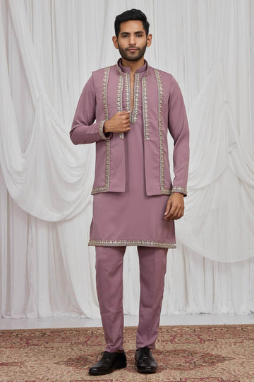 Onion Pink Colour Armani Fabric Hand Work Embroidery Lace Work Waist Coat Kurta Pajama