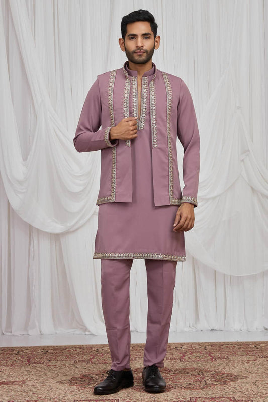 Onion Pink Colour Armani Fabric Hand Work Embroidery Lace Work Waist Coat Kurta Pajama