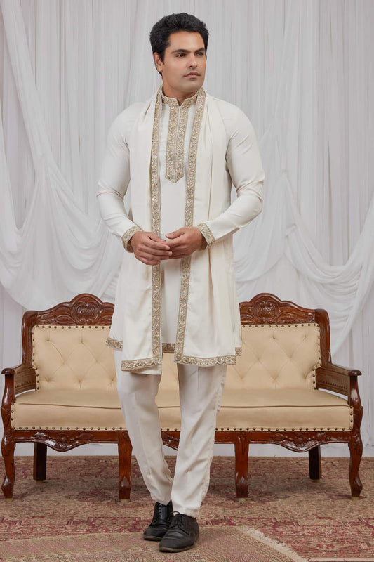 Cream Colour Armani Fabric Hand Work Embroidery Lace Work Kurta Pajama
