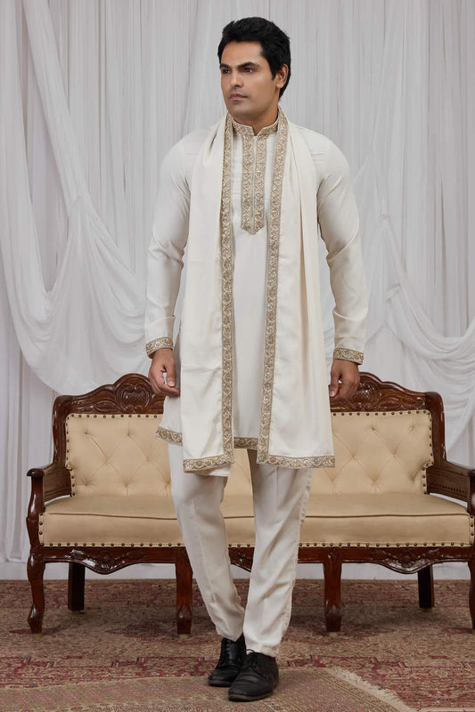 Cream Colour Armani Fabric Hand Work Embroidery Lace Work Kurta Pajama