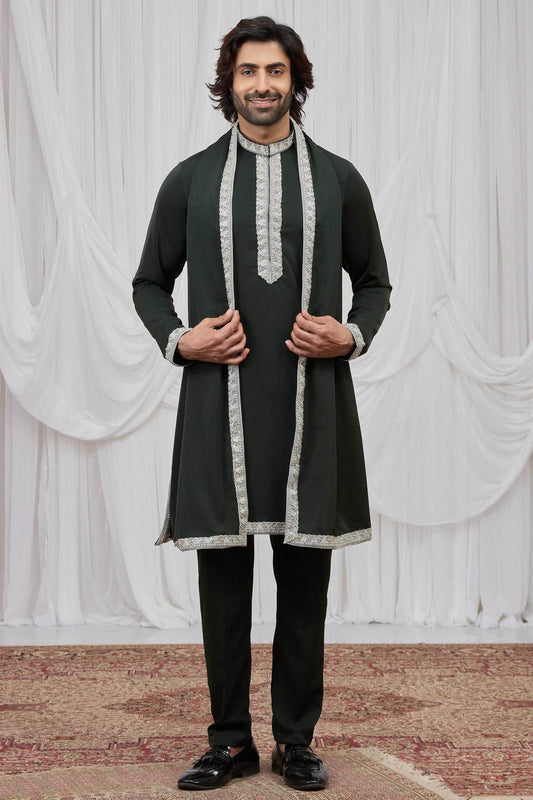 Green Colour Armani Fabric Hand Work Embroidery Lace Work Kurta Pajama