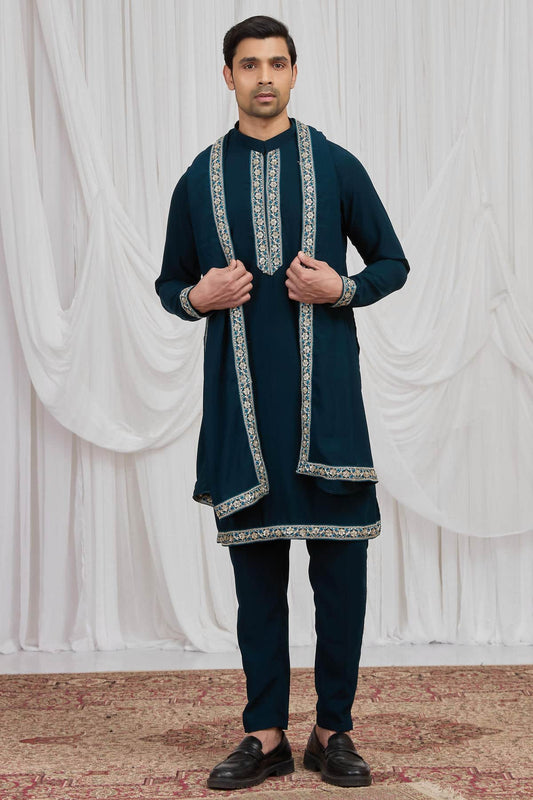 Dark Teal Green Colour Armani Fabric Hand Work Embroidery Lace Work Kurta Pajama