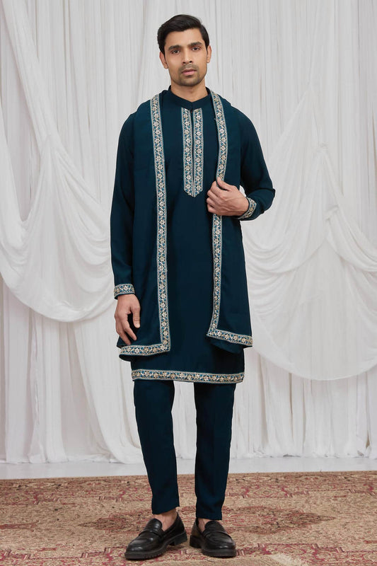 Dark Teal Green Colour Armani Fabric Hand Work Embroidery Lace Work Kurta Pajama