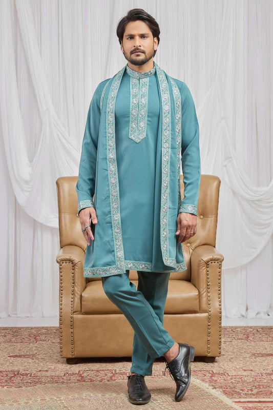 Seafoam Blue Colour Armani Fabric Hand Work Embroidery Lace Work Kurta Pajama