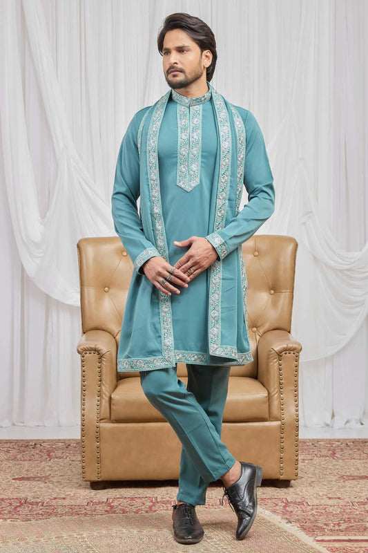Seafoam Blue Colour Armani Fabric Hand Work Embroidery Lace Work Kurta Pajama