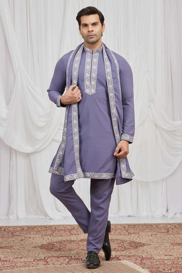 Slate Lavender Colour Armani Fabric Hand Work Embroidery Lace Work Kurta Pajama