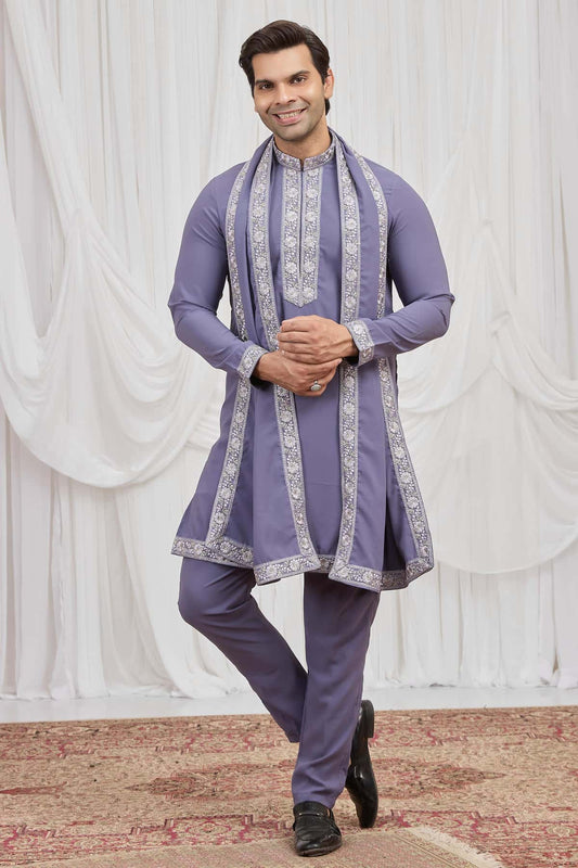 Slate Lavender Colour Armani Fabric Hand Work Embroidery Lace Work Kurta Pajama
