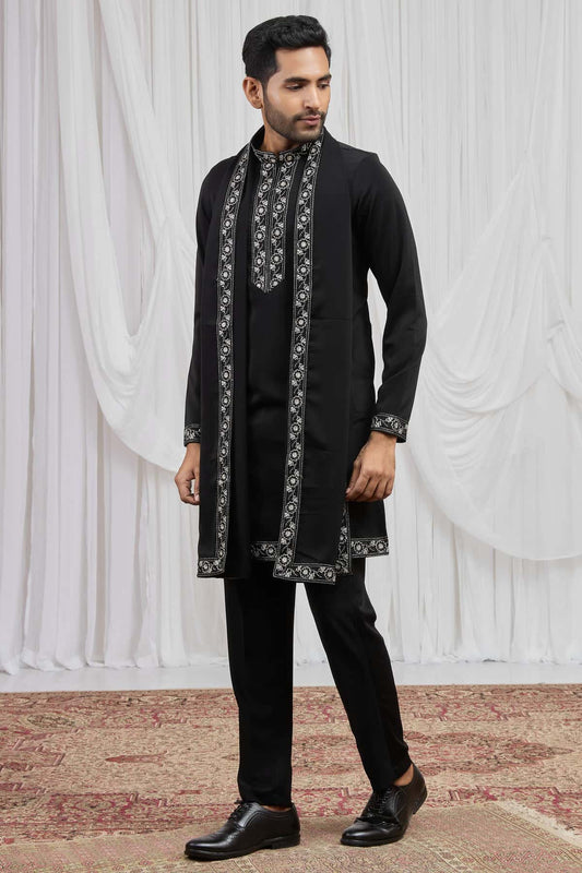 Black Colour Armani Fabric Hand Work Embroidery Lace Work Kurta Pajama