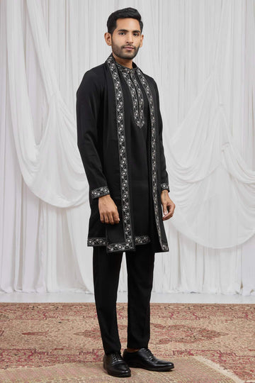 Black Colour Armani Fabric Hand Work Embroidery Lace Work Kurta Pajama