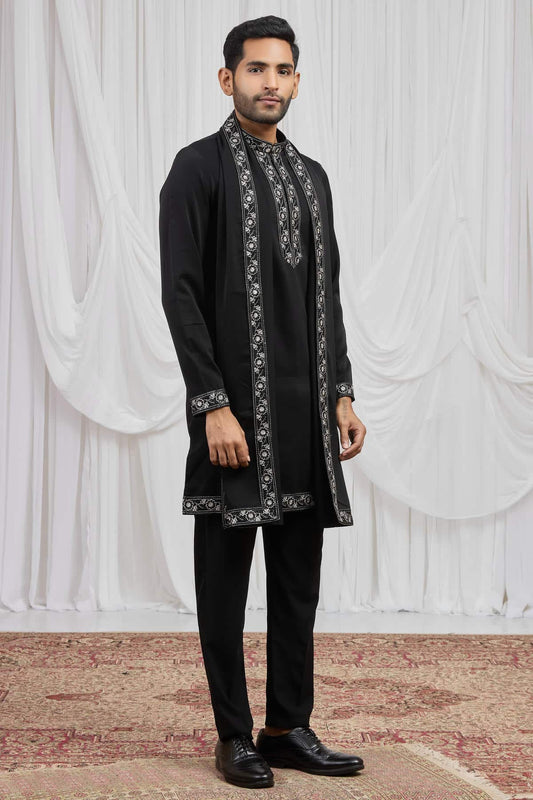 Black Colour Armani Fabric Hand Work Embroidery Lace Work Kurta Pajama