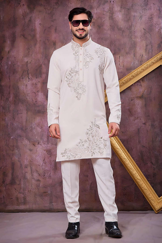 Festive Wear Aramni Fabric Mirror Embroidery Work Kurta Pajama In Cream Colour
