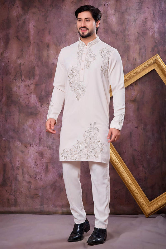 Festive Wear Aramni Fabric Mirror Embroidery Work Kurta Pajama In Cream Colour