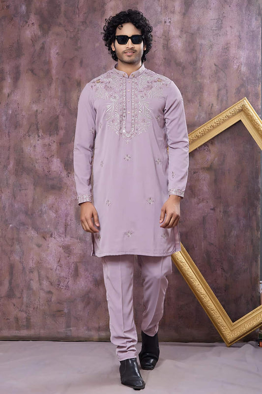 Festive Wear Aramni Fabric Mirror Embroidery Work Kurta Pajama In Lilac Colour