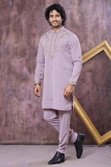 Festive Wear Aramni Fabric Mirror Embroidery Work Kurta Pajama In Lilac Colour