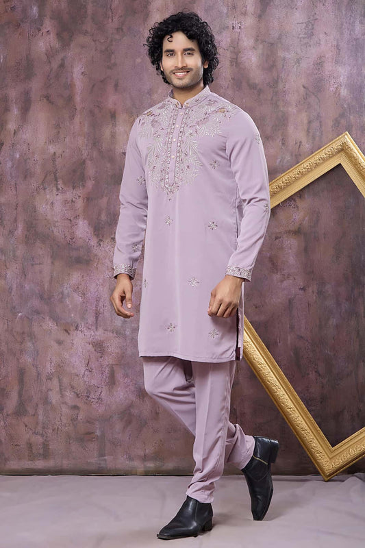 Festive Wear Aramni Fabric Mirror Embroidery Work Kurta Pajama In Lilac Colour
