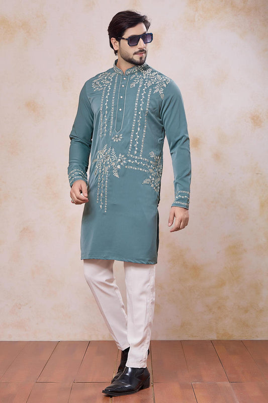 Festive Wear Aramni Fabric Mirror Embroidery Work Kurta Pajama In Teal Green Colour