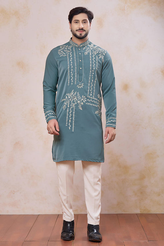 Festive Wear Aramni Fabric Mirror Embroidery Work Kurta Pajama In Teal Green Colour