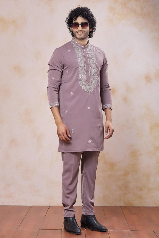 Festive Wear Aramni Fabric Mirror Embroidery Work Kurta Pajama In Onion  Colour