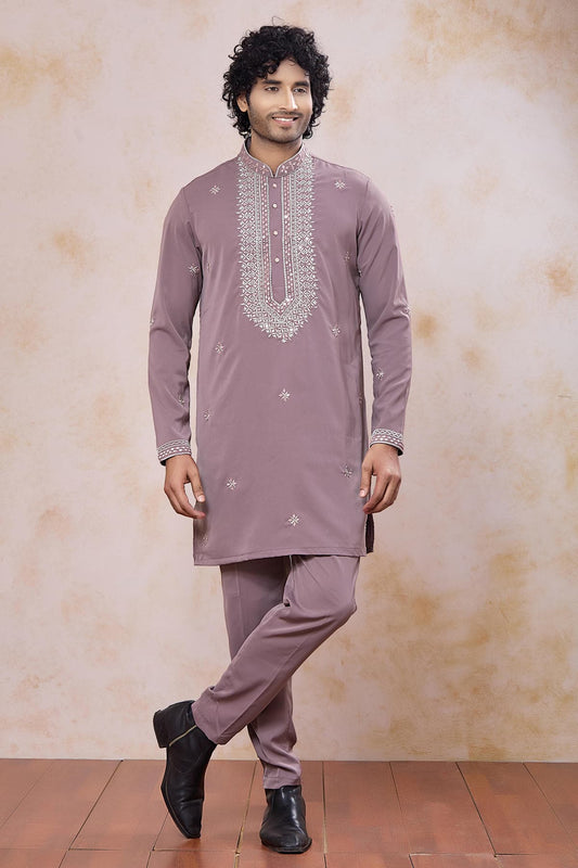Festive Wear Aramni Fabric Mirror Embroidery Work Kurta Pajama In Onion  Colour