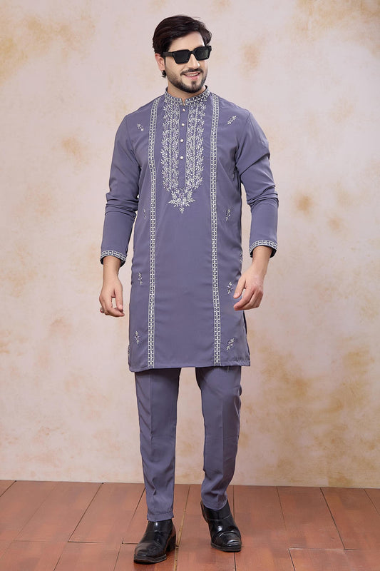 Festive Wear Aramni Fabric Mirror Embroidery Work Kurta Pajama In Lavender Grey Colour
