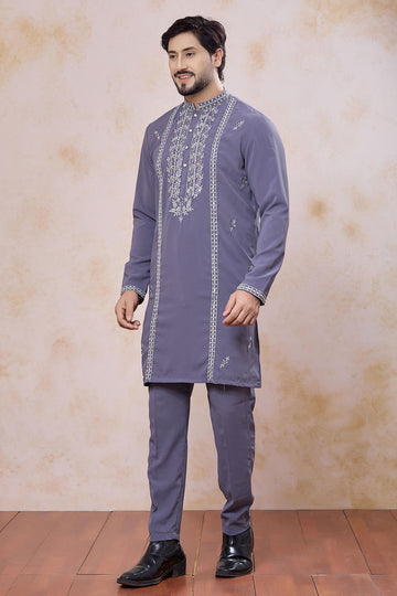 Festive Wear Aramni Fabric Mirror Embroidery Work Kurta Pajama In Lavender Grey Colour