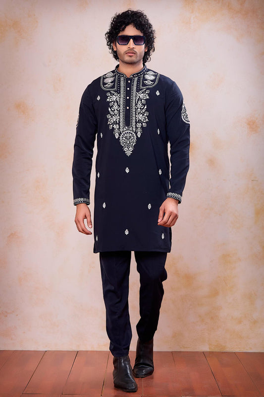 Festive Wear Aramni Fabric Mirror Embroidery Work Kurta Pajama In Navy Blue Colour