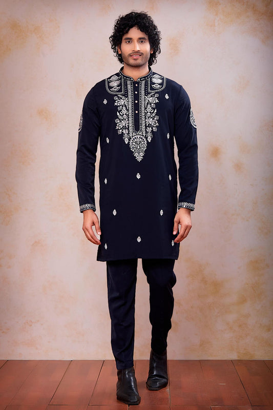 Festive Wear Aramni Fabric Mirror Embroidery Work Kurta Pajama In Navy Blue Colour