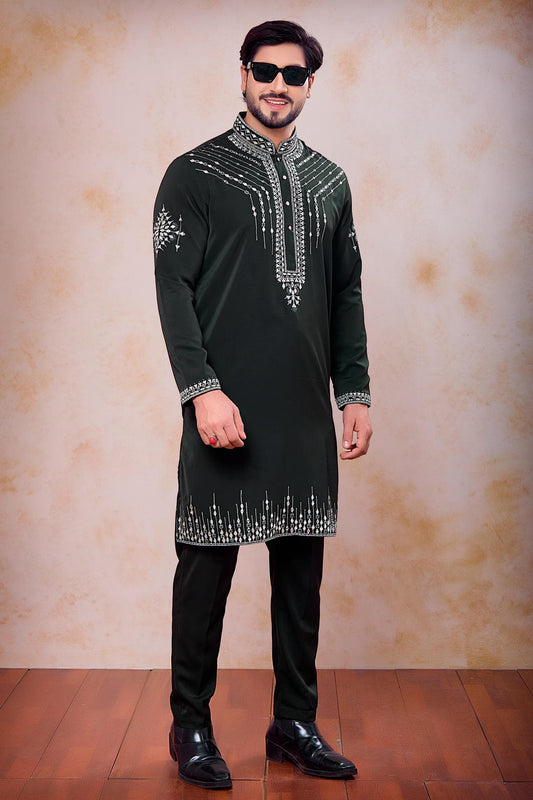 Festive Wear Aramni Fabric Mirror Embroidery Work Kurta Pajama In Dark Green Colour