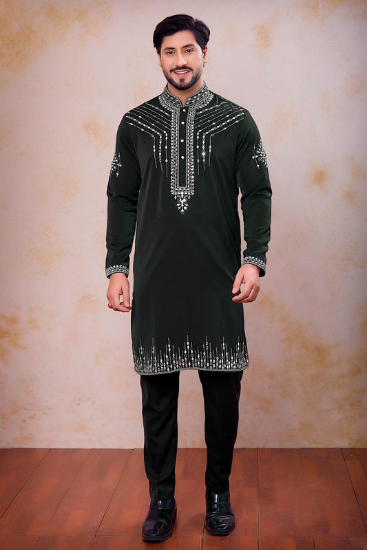 Festive Wear Aramni Fabric Mirror Embroidery Work Kurta Pajama In Dark Green Colour