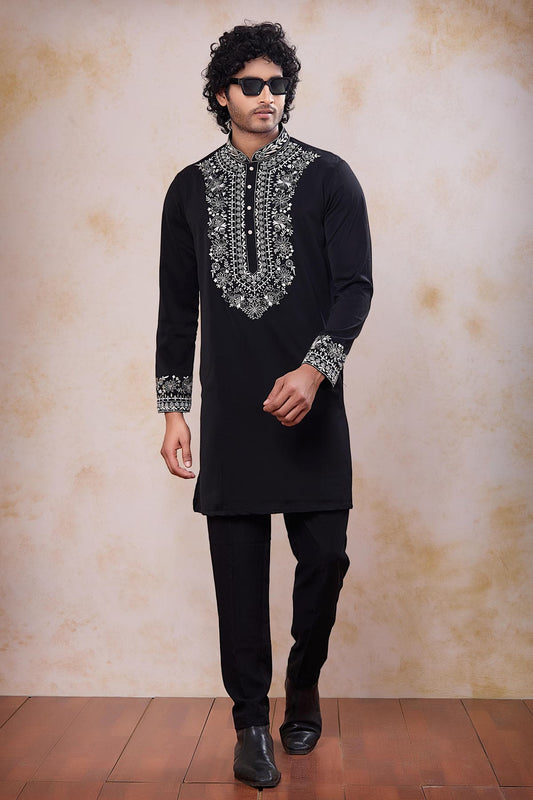 Festive Wear Aramni Fabric Mirror Embroidery Work Kurta Pajama In Black Colour