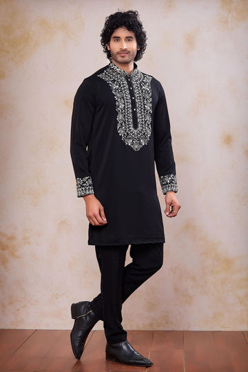 Festive Wear Aramni Fabric Mirror Embroidery Work Kurta Pajama In Black Colour
